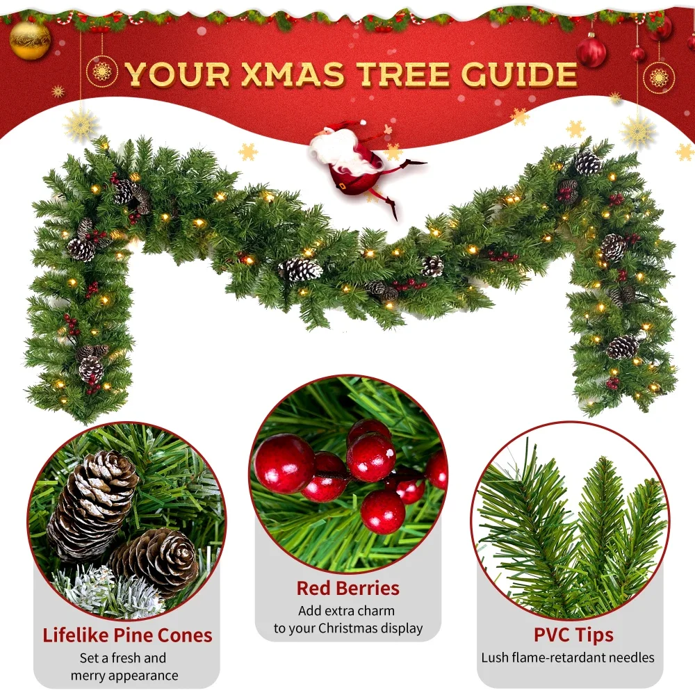 Xmas Tree Artificial Christmas 4-Piece Set,Garland, Wreath and Set of 2 Entrance Trees X-mas with LED Lights, Christmas Tree