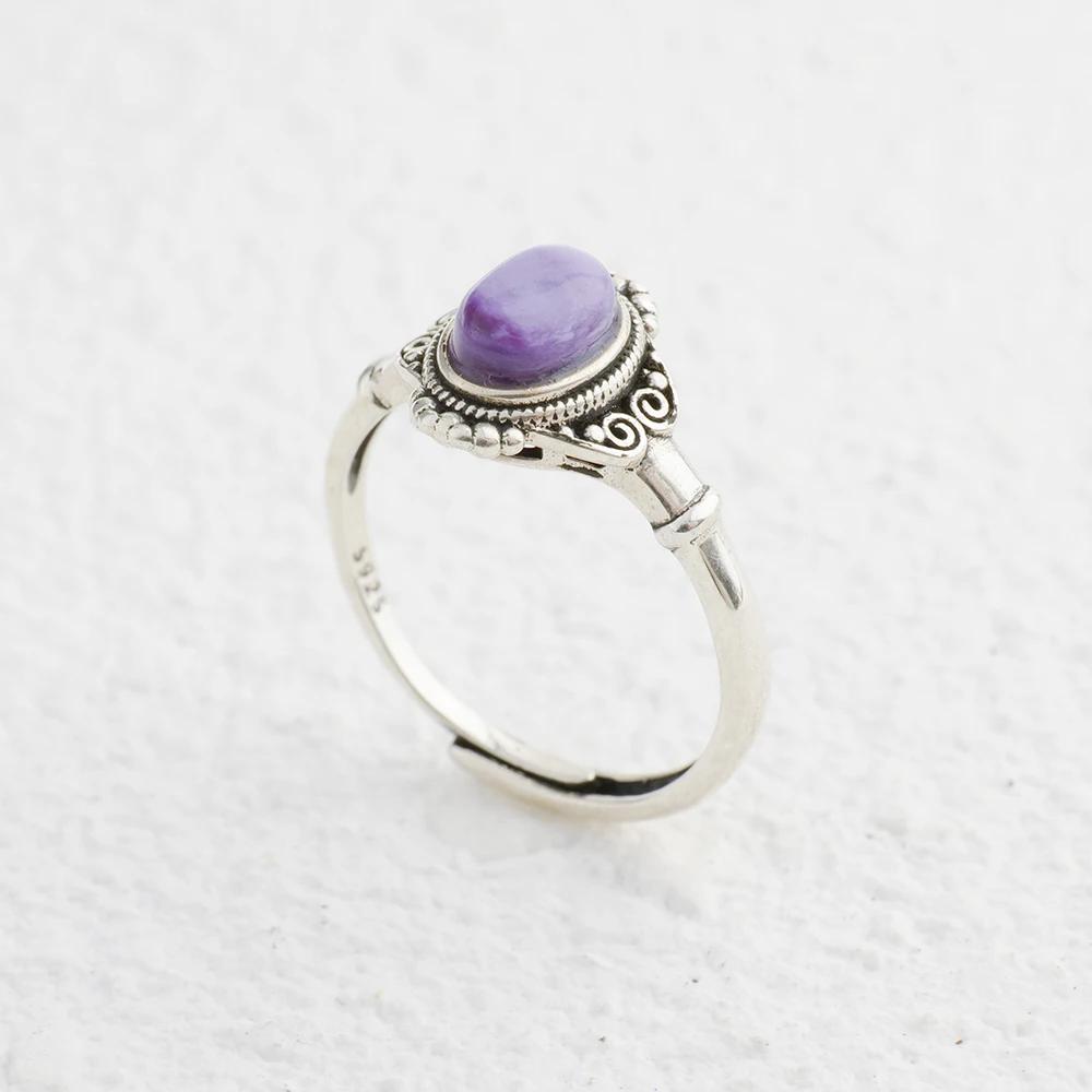 

Solid 925 Silver Ring Adjustable Floral Open Bands Purple Charoite Natural Gemstone Healing Birthstone Jewelry Boho Gifts
