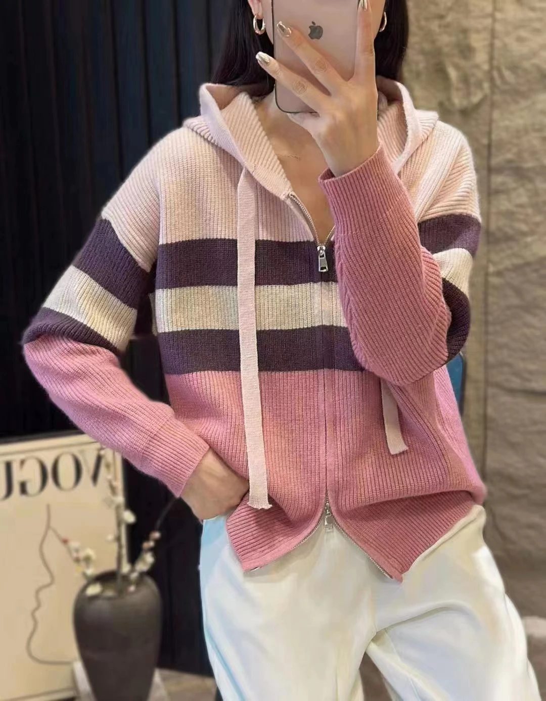 Cashmere Hooded Zipper Coat  Knitted Cardigan Female Autumn Winter Zipper  Cashmere Coat Women Casual Loose Solid Knitwear Women