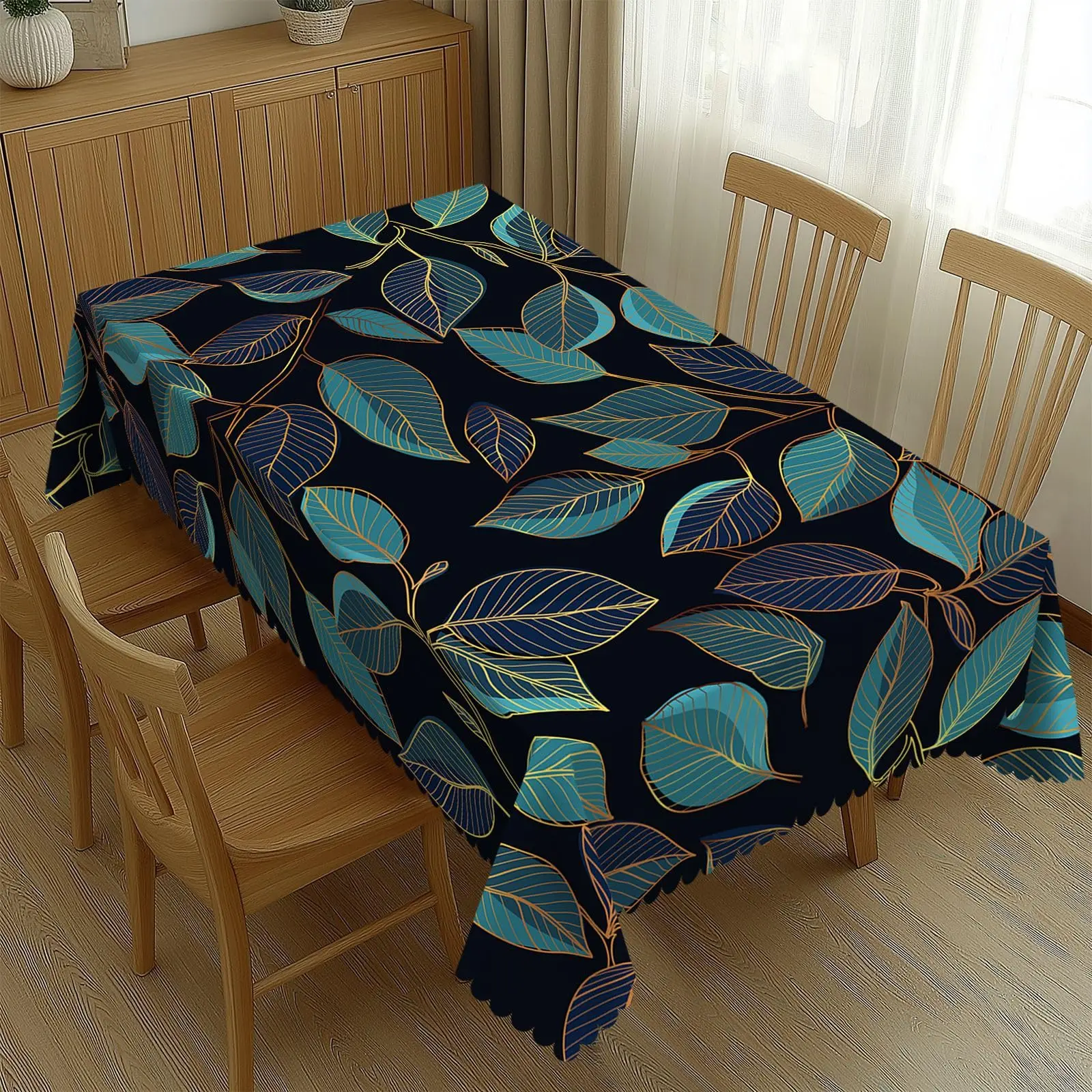 Vintage Teal & Blue Leaf Print Tablecloth, Gold Stamping Pattern Table Cover for Dining Room Kitchen Patio