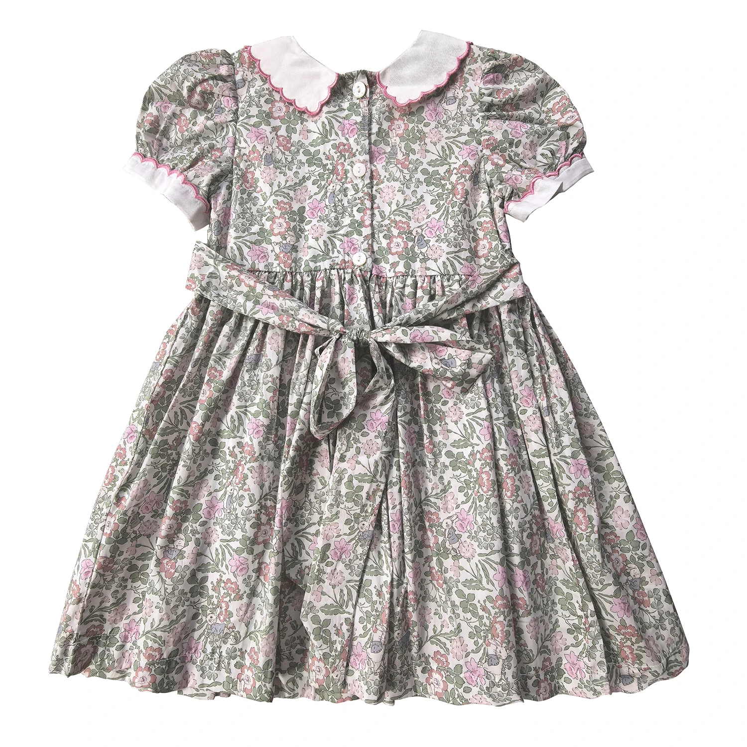 Premium Girls' Peter Rabbit Floral Vintage Smocked Dress with Puff Sleeves Hand Embroidery Pure Cotton 100-Count Fabric