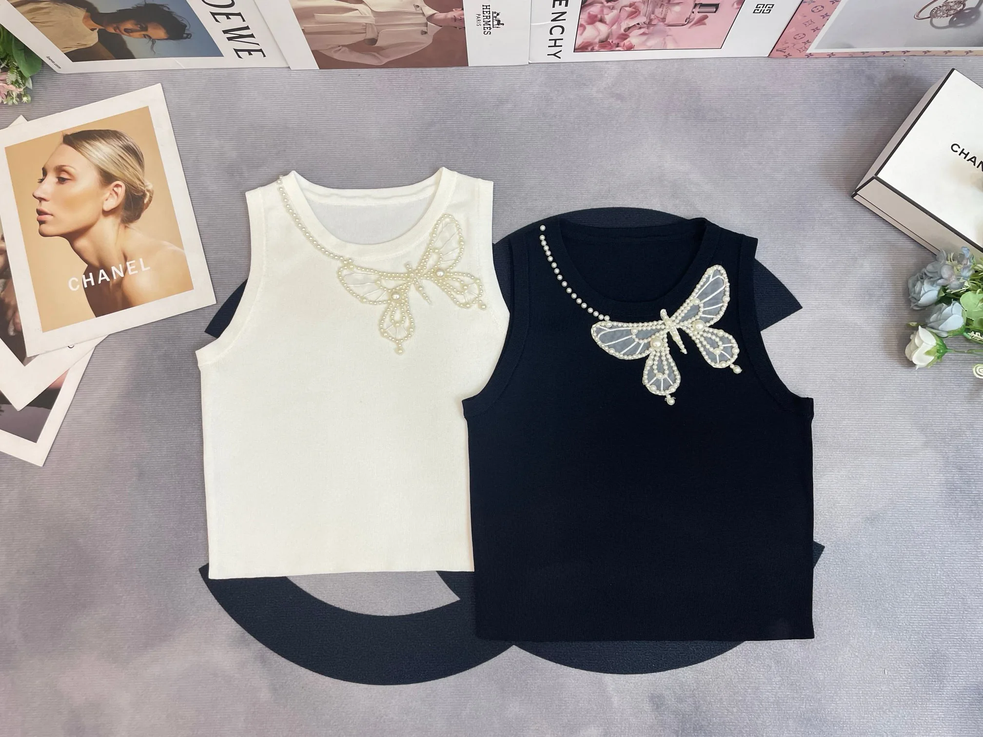 2024 Summer Round Neck Beading Butterfly Round Neck Pullover Knitted Casual T Shirt Women Loose Sleeveless Tank Tops F199