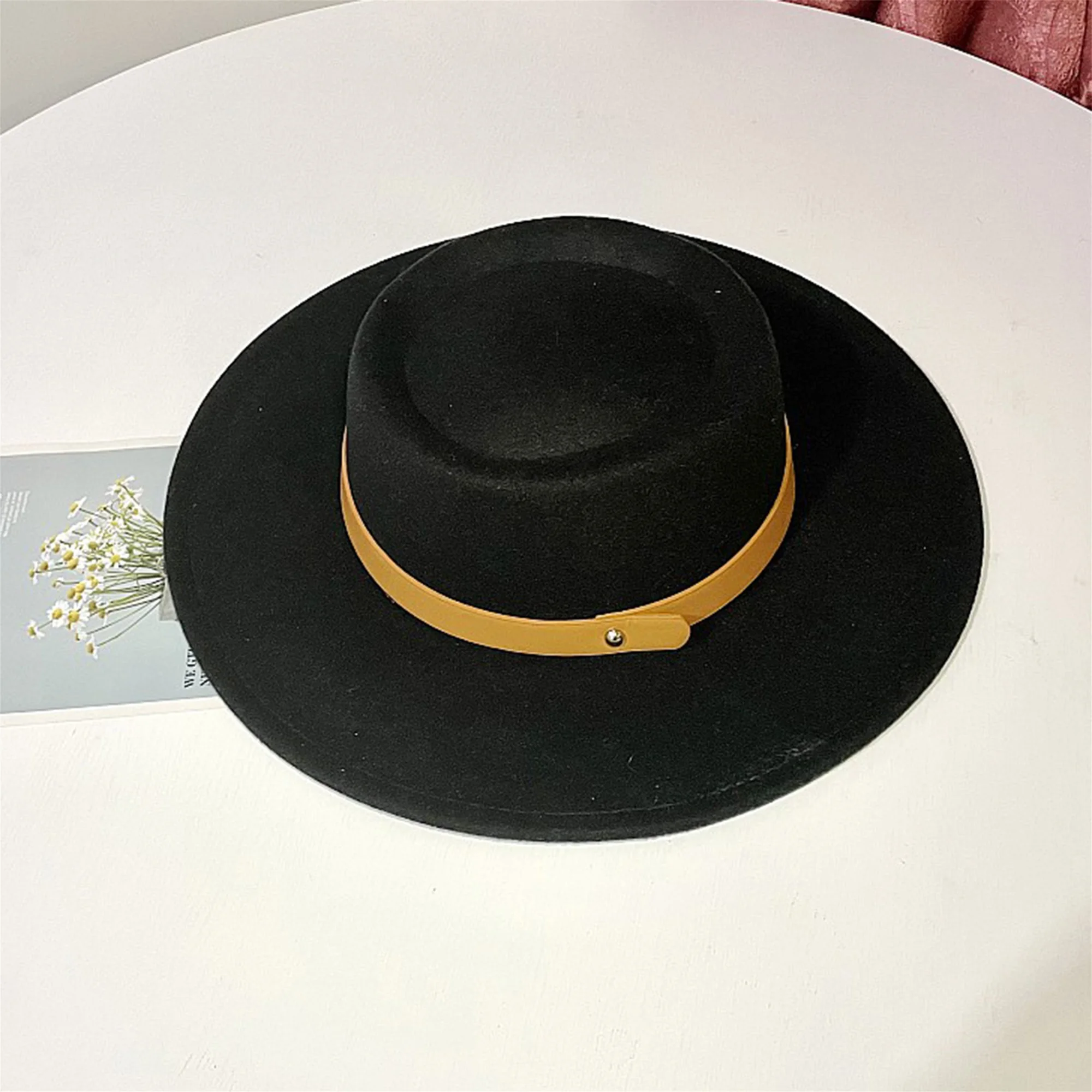 Women s Woolen Top Hats Fashion French Style Wide Brimmed Bucket Cap with Decorative Band for Party Special Occasion
