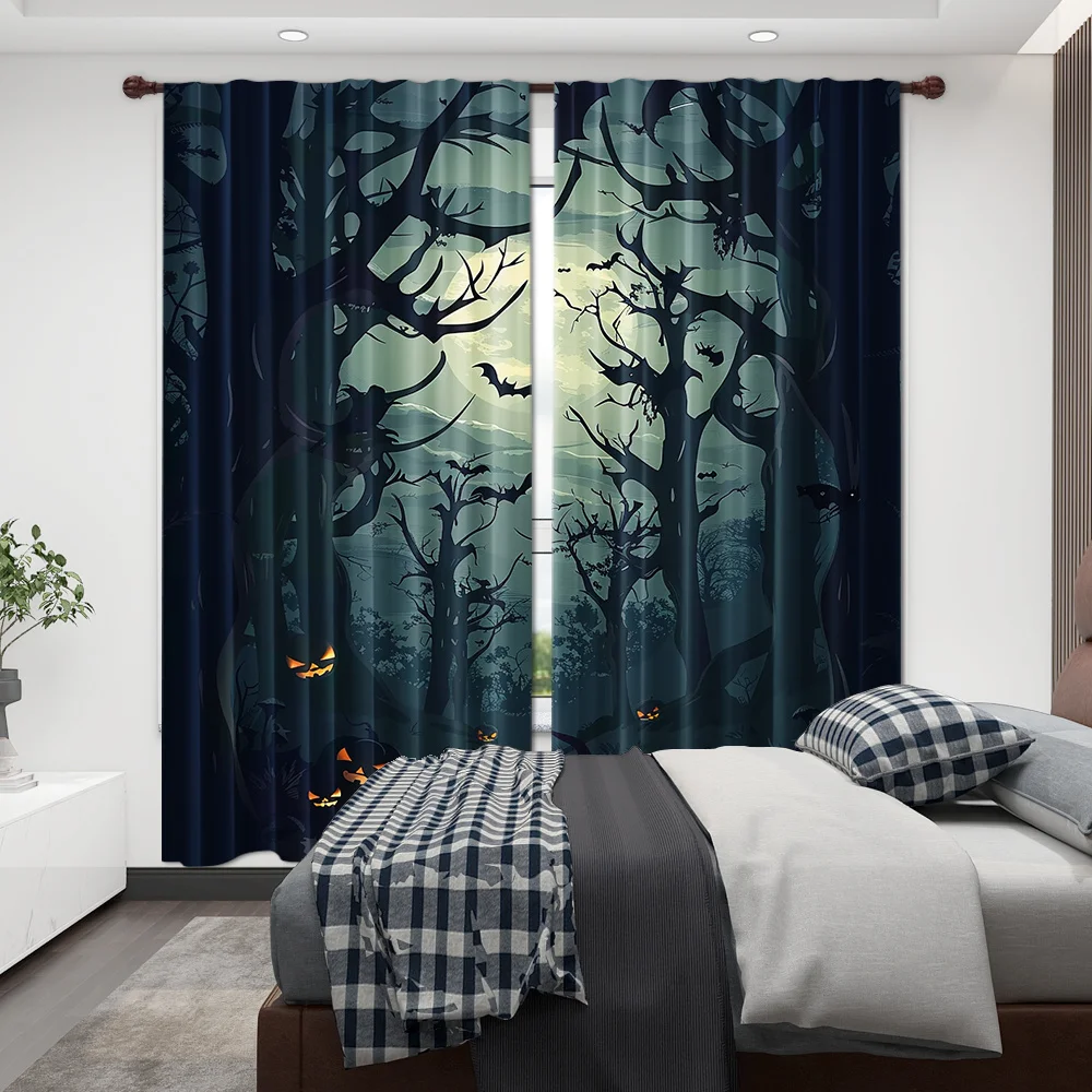 Halloween Haunted Forest Curtains, Spooky Pumpkin Tree Window Drapes, Gothic Horror Decor, Blackout Fabric for Party Living Room