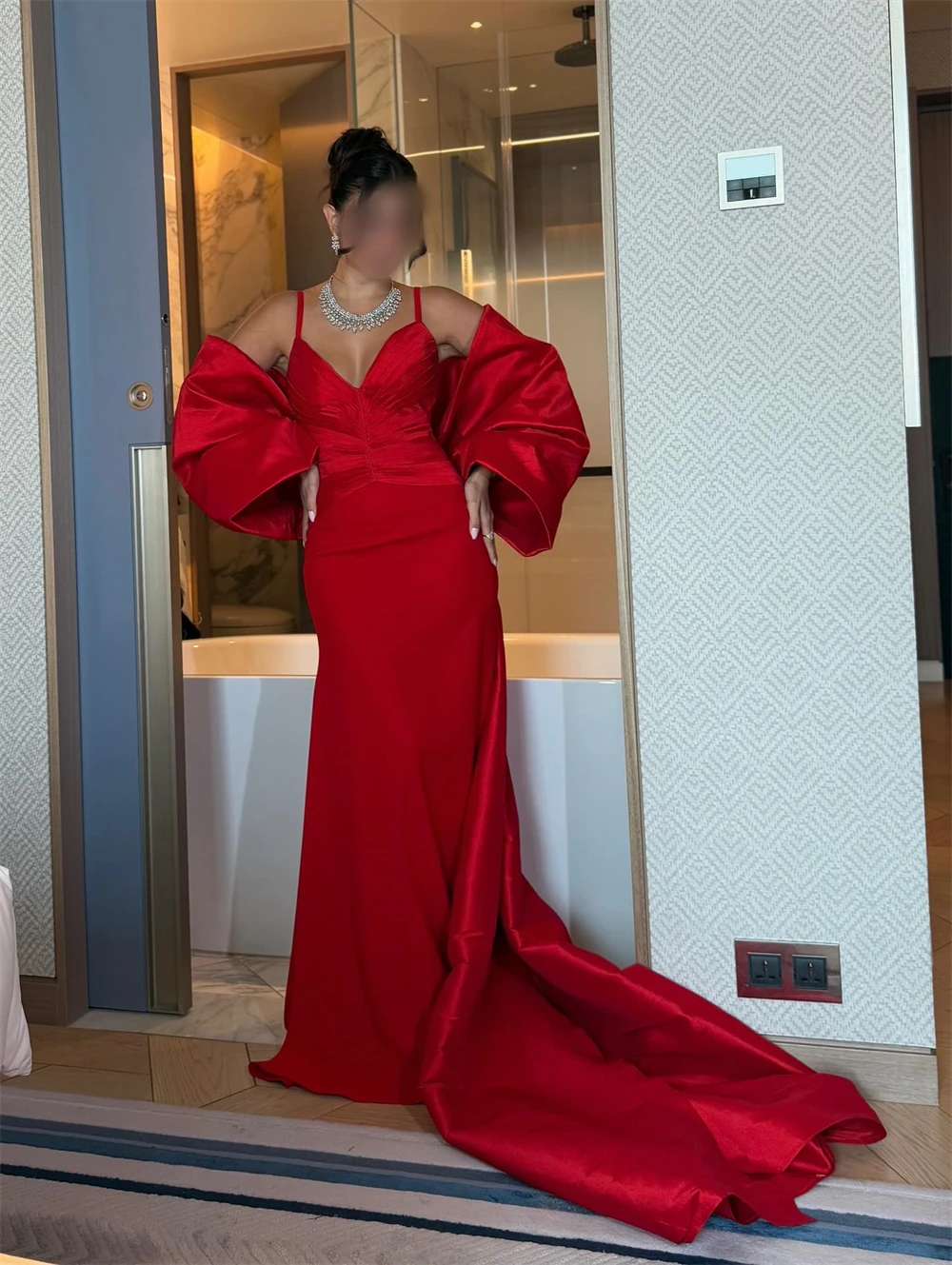 تخصيص بسيط الأحمر جيرسي مساء اللباس الرسمي الحبيب أكمام فساتين المشاهير مثير حورية البحر قطار المحكمة فستان كوكتيل #1