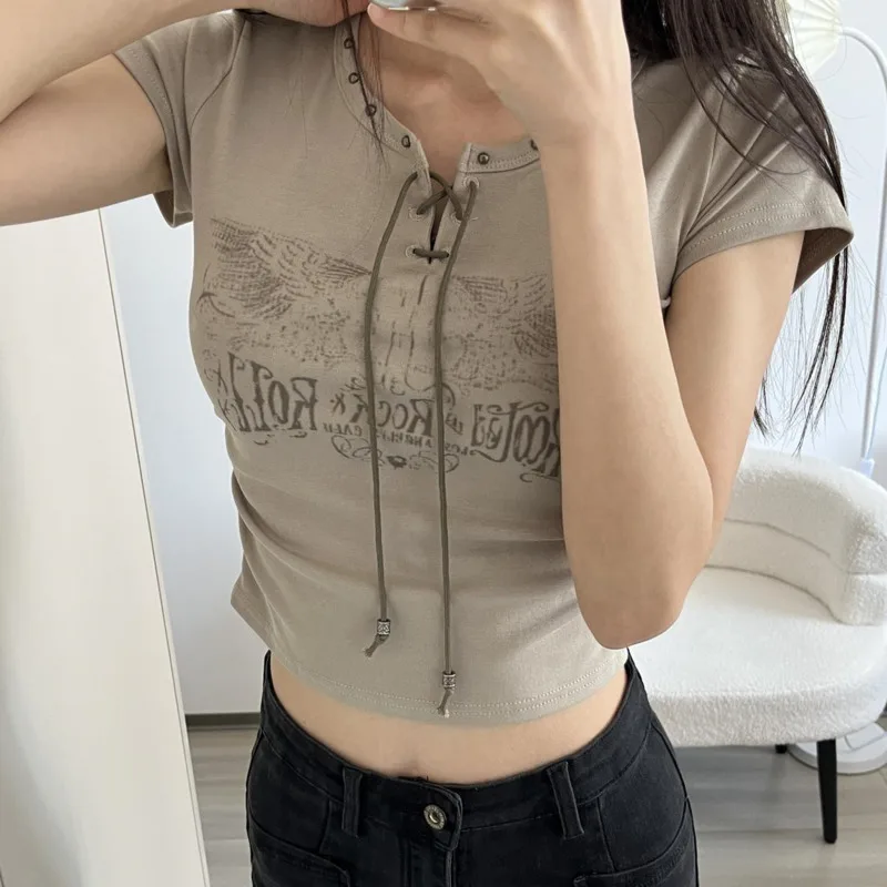 

American Retro Short Sleeve T-shirts Women Summer Rivet Tie Straps Vintage Aesthetic slim tops clothes 2024 trendy