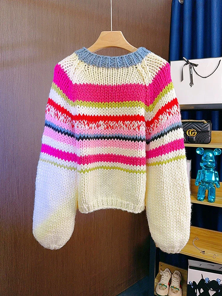 Handmade Vintage Rainbow Stripe Chunky Knit Sweater Crew Neck Colorful Long Sleeve Jumper Autumn/Winter Women Knitwear Outerwear