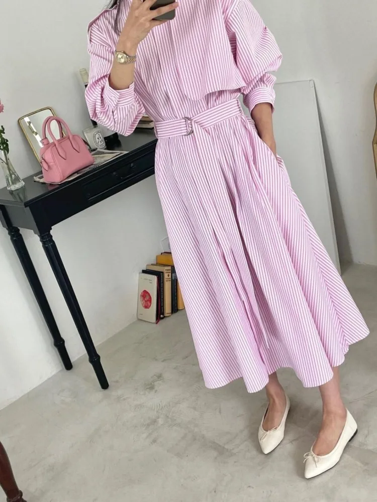 Spring Summer Women\'s Long Striped Shirt Dress with Belt Full Sleeve Stand Collar Slim A-line Dresses Female 2024