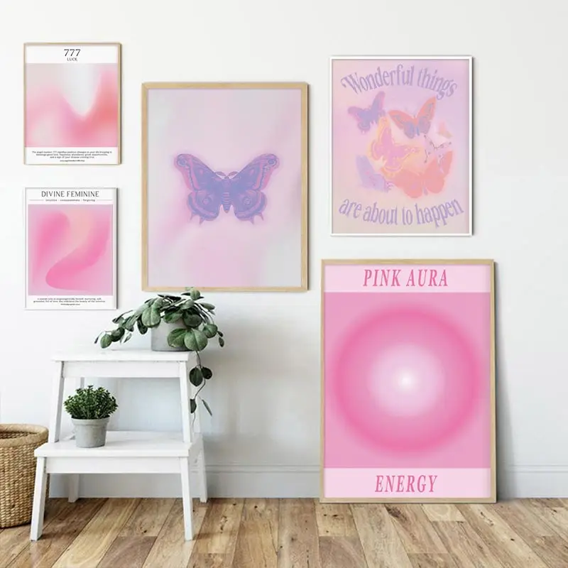 

Abstract Pink Aura Gradient Poster Angel Spiritual Wall Art Purple Butterfly Canvas Painting Aesthetics Print Picture Home Decor