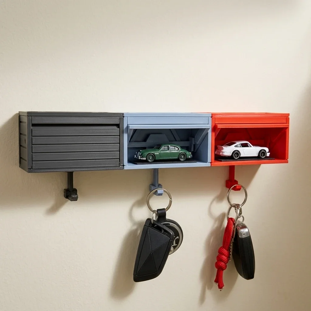 Auto-Garagen-Schlüsselhalter mit öffnender Tür, Wandmontierter Schlüsselhalter, Lustiger 3D-gedruckter Schlüsselorganizer, Einfache Installation Wanddekoration – Detail 1