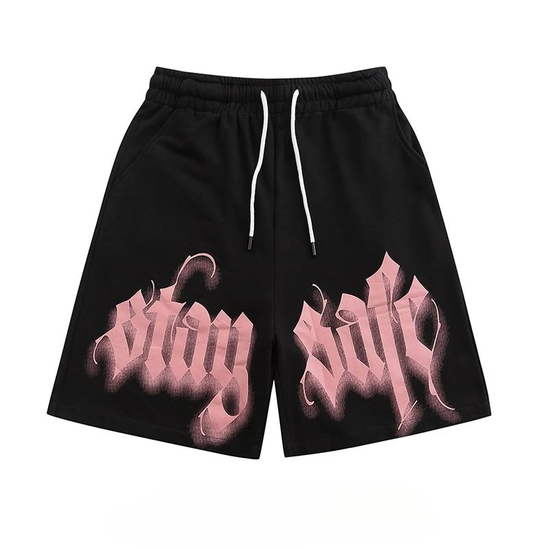 European and American street retro high street short pants for men and women, pink letter print, personalized loose and casual