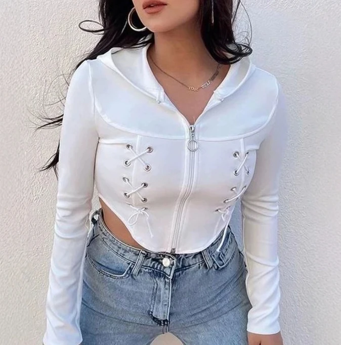 Women's Sweatshirt Streetwear Fashion Urban Solid Color Long Sleeved Zipper Front Tie Up Design Slim Fit Hoodie Crop Top