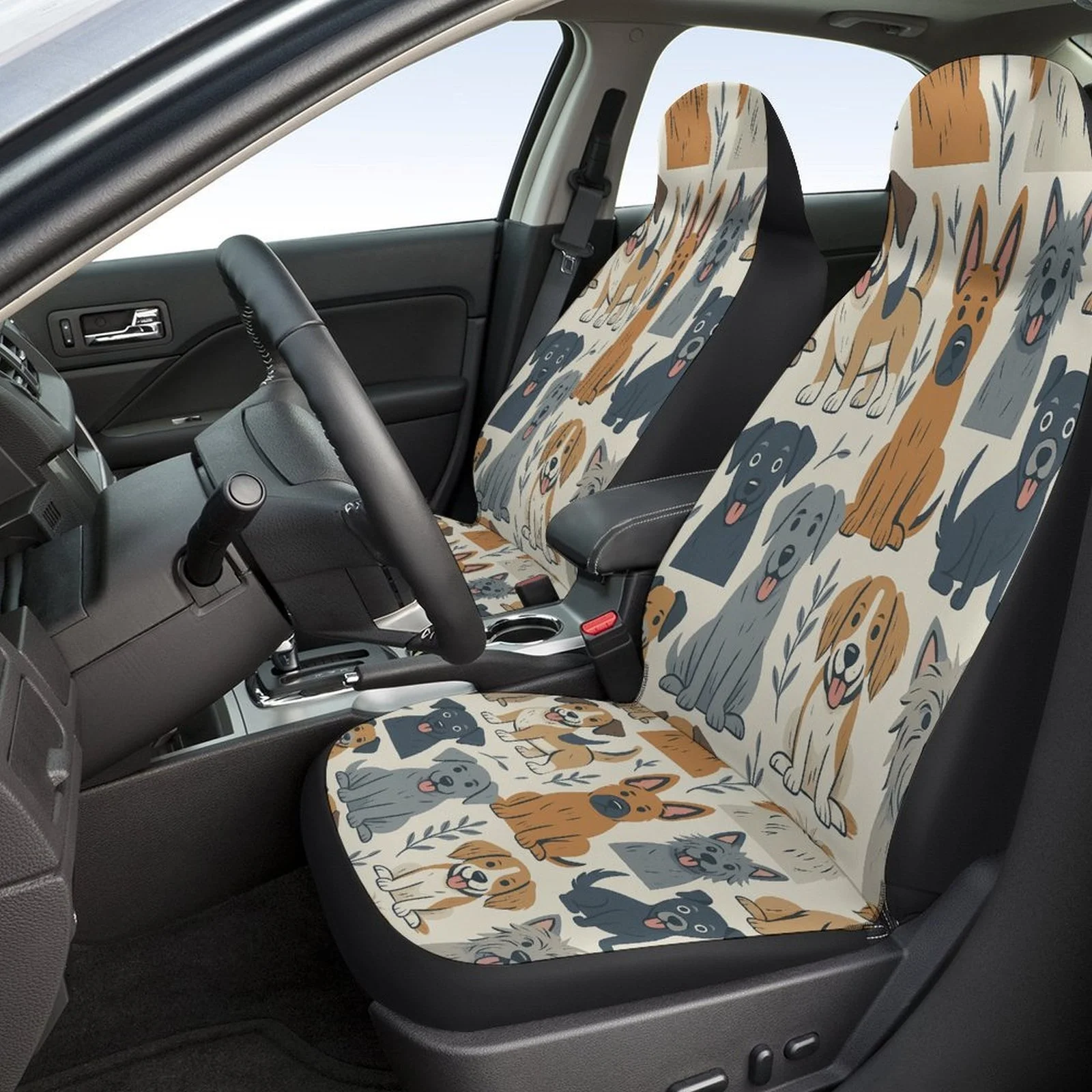 Set Of Car Seat Covers Featuring A Dog Pattern, Suitable For Various Vehicles. Stylish And Breathable, These Decorative Covers P