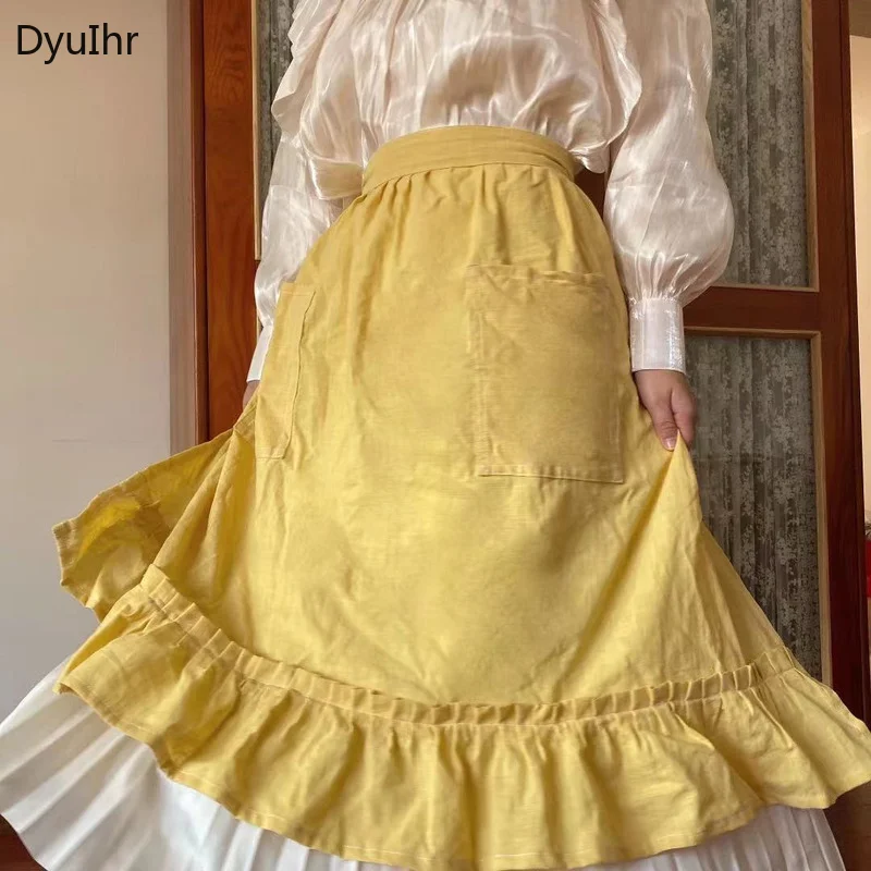 DyuIhr Simple Solid Color Wavy Edge Design Half Body Large Pocket Apron Cafe Home Kitchen Adjustable Waterproof Yellow Apron