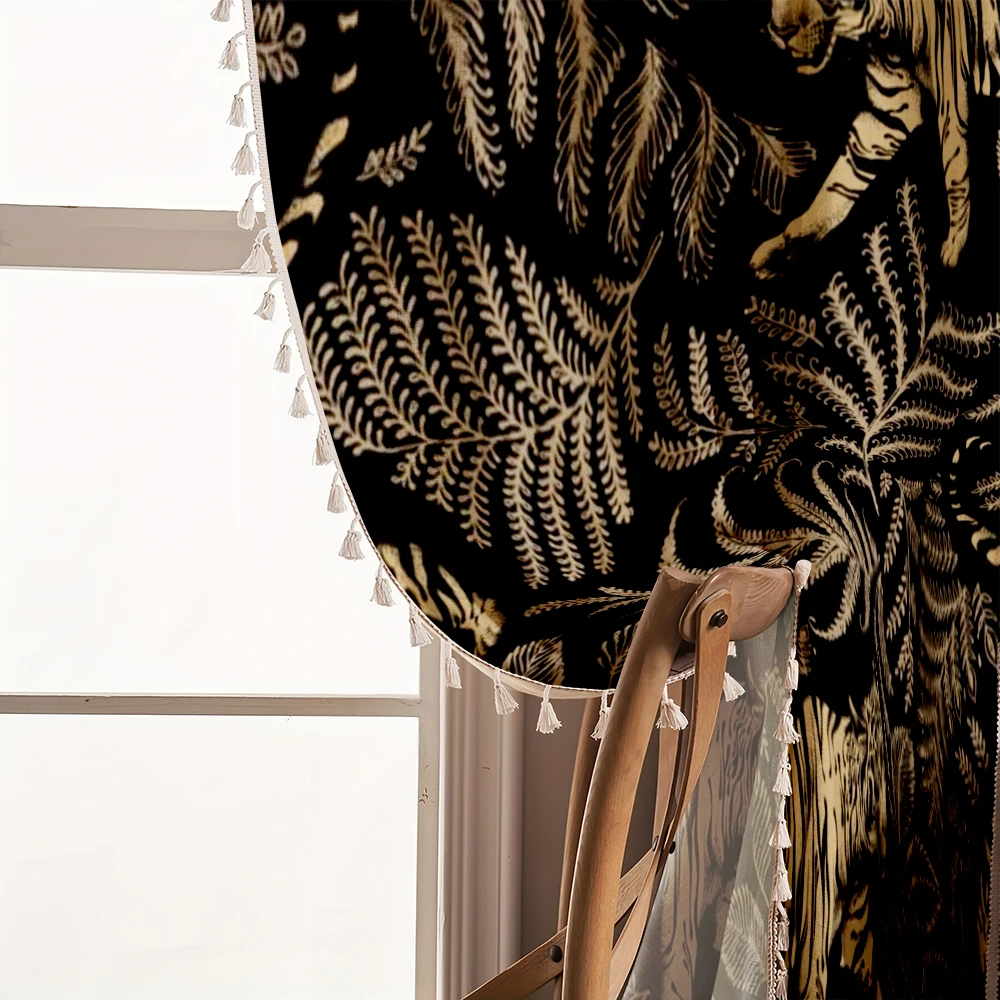 1PC Vintage Tassel Sheer Curtains, Golden Tiger Fern Leaf, Digital Print, Linen Polyester, Bedroom Living Room, Home Decor