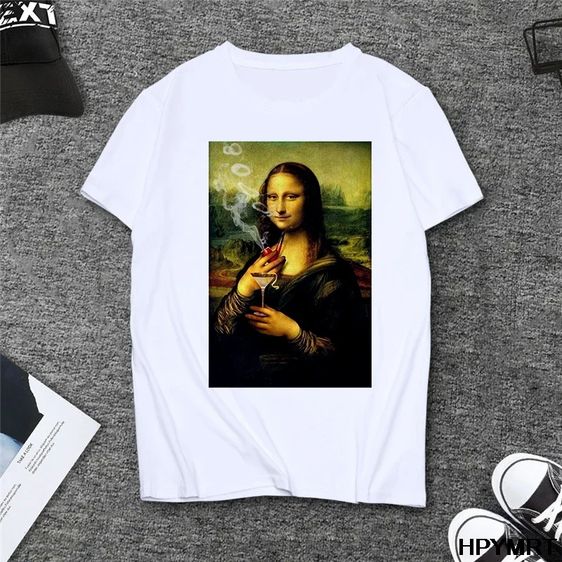 Summer spoof Mona Lisa Drink Beer Print T Shirts Women aesthetics funny Tshirts Casual Short Sleeves Tops t-shirt Female Clothes