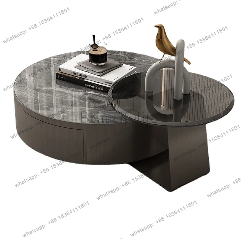 

Italian light luxury stainless steel solid wood drawer living room slate round coffee table