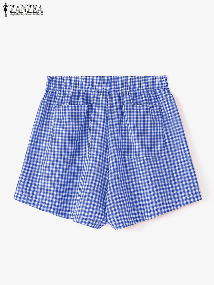 ZANZEA Pantaloncini scozzesi Donna Casual Pantaloni estivi larghi 2025 Abbigliamento da spiaggia alla moda Tasche in vita elastiche larghe Pantaloni corti oversize