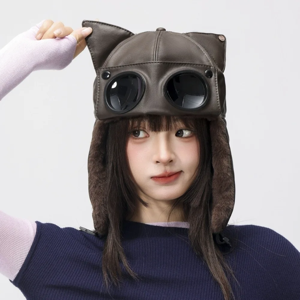 

Модная ретро шапка-бомбер из искусственной кожи плюс пуховая шапка-пилот, ветрозащитная бархатная подкладка, шапка с кошачьими ушками, зимняя одежда для активного отдыха