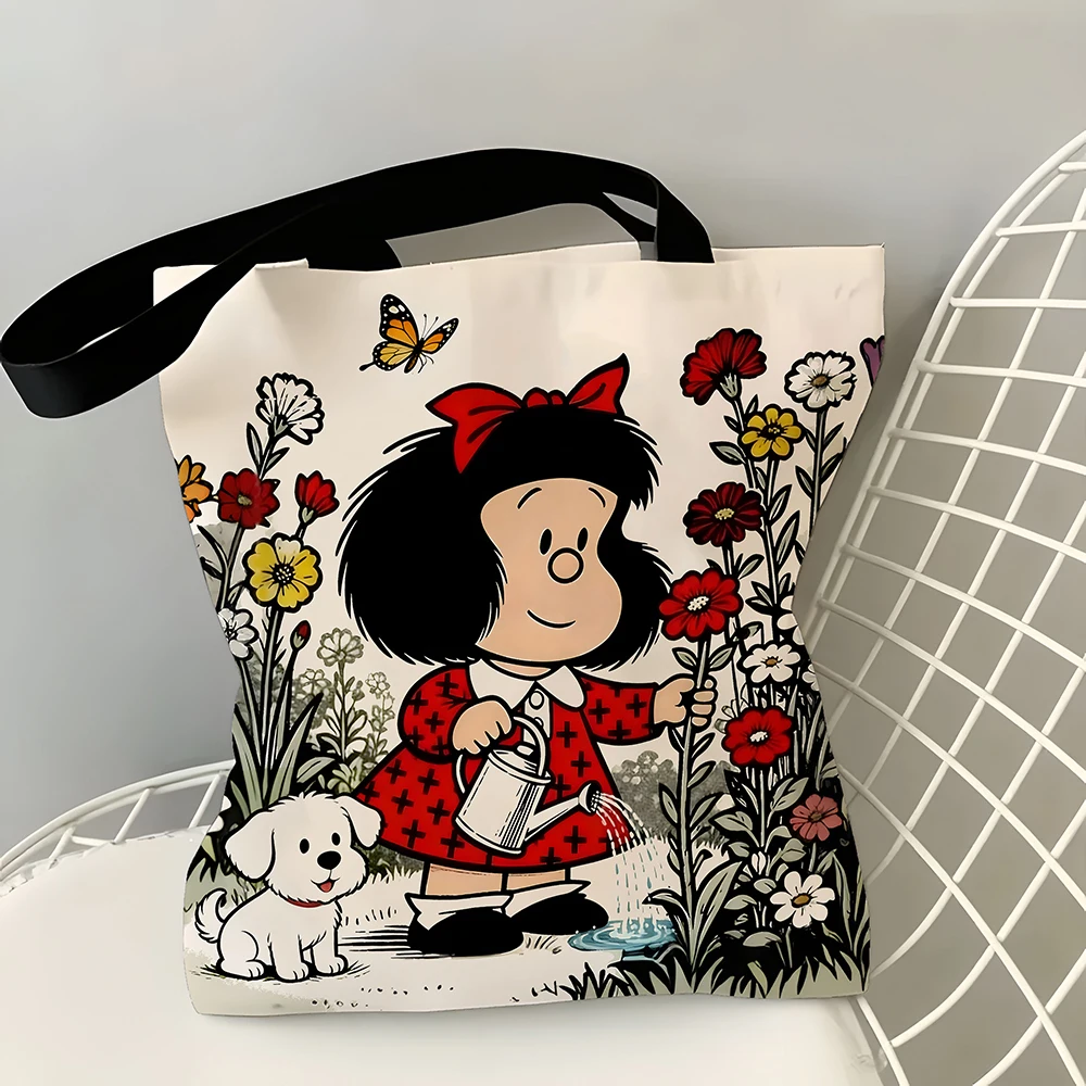 1pc Vintage Cartoon Girl and Puppy Gardening Tote Bag Featuring a cute watering scene vibrant red accents and butterfly details