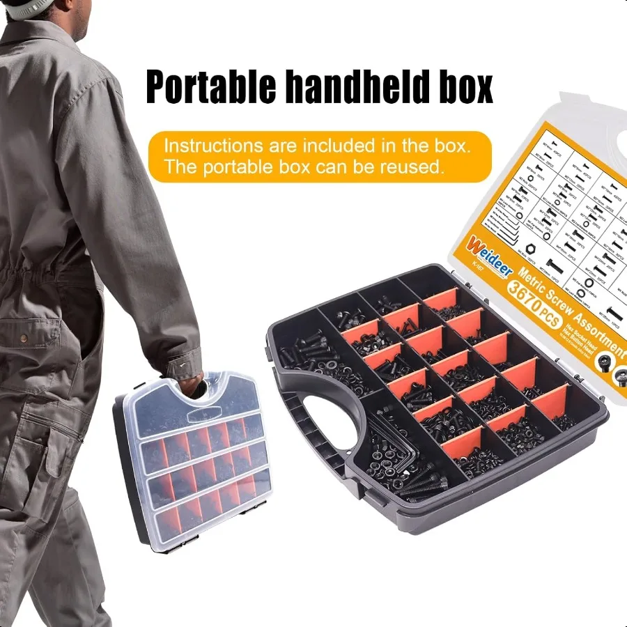 3670 pz M2 M4 M5 Kit di assortimento di viti metriche Assortimento di bulloni metrici 12.9 Acciaio legato Testa a esagono incassato 10.9 Bottone esagonale in acciaio legato