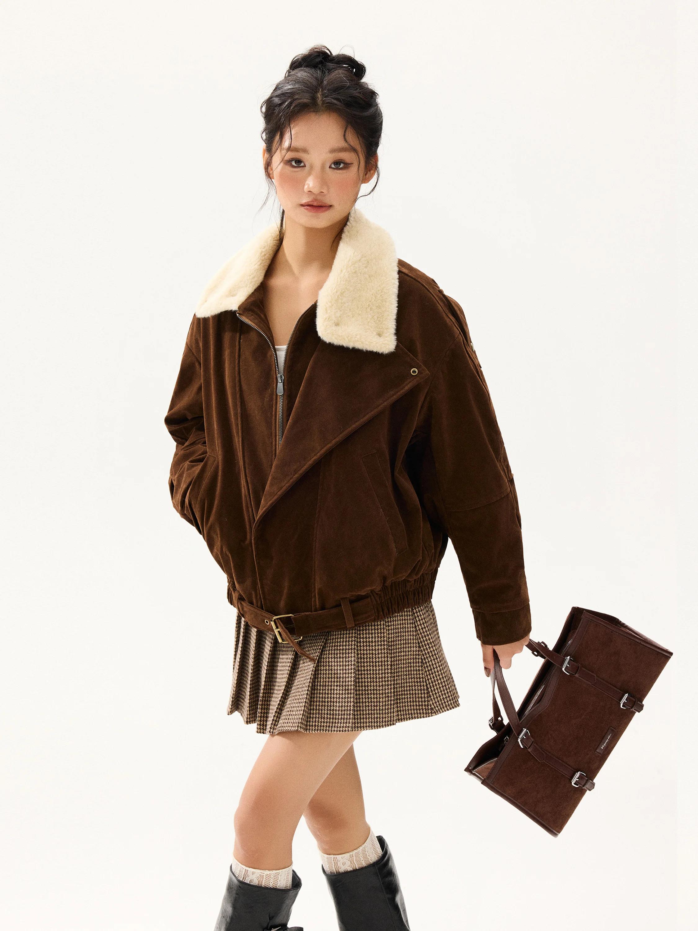 

Free Sonata Vintage Suede Fur Collar Cotton Jaet ex Design Flip Collar Pilot Coat Thiened Long Sve Zipper Closure