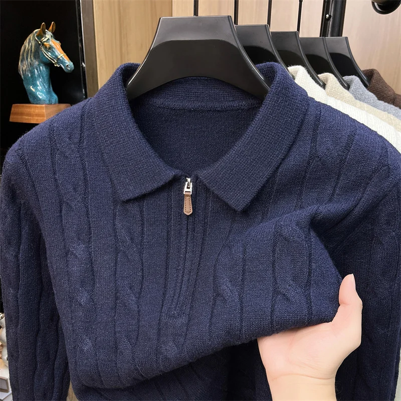 Luxury half zipper lapel knitted sweater fashion solid color jacquard comfort warm autumn winter new high quality men's pullover