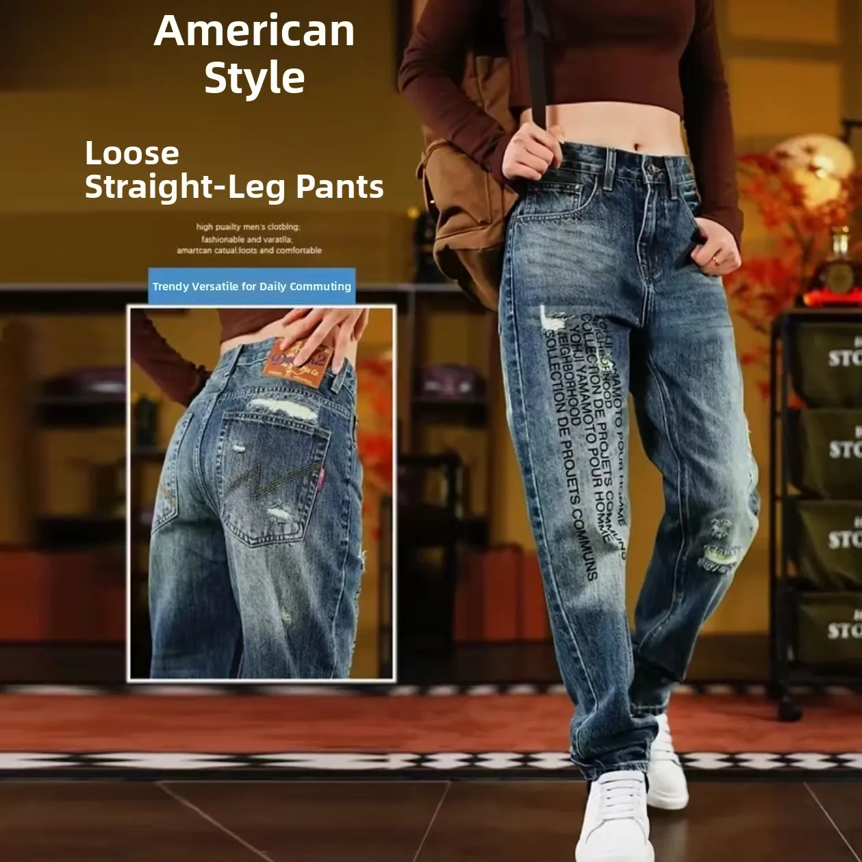 

Retro Waed Men's Loose Fit Jeans Autumn Winter New Sle Faion Brand Letter Print Cuffed Ankle Length Torn Denim Pants