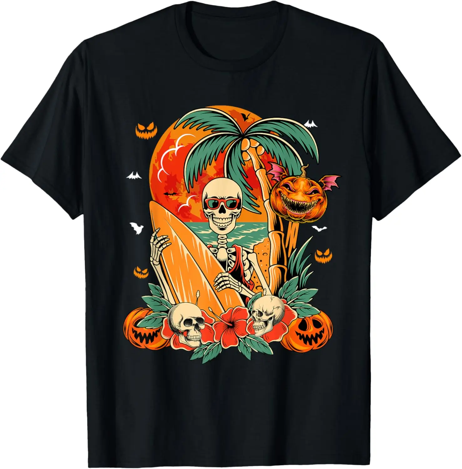 Skeleton Surfer Halloween Hawaiian Floral Carved Pumpkins T-Shirt