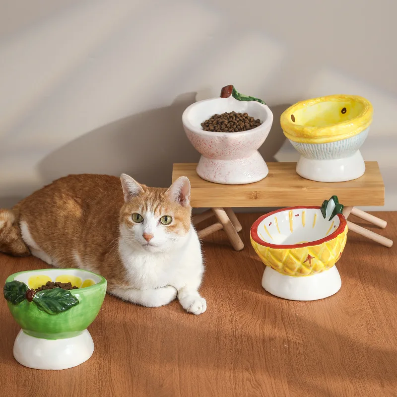 

Pet Bowl Cat Bowl Ceramic Hand Painted Fruit Series Cat Food Bowl Neck Protection Oblique Mouth High Foot Food Bowl Puppy Bowl