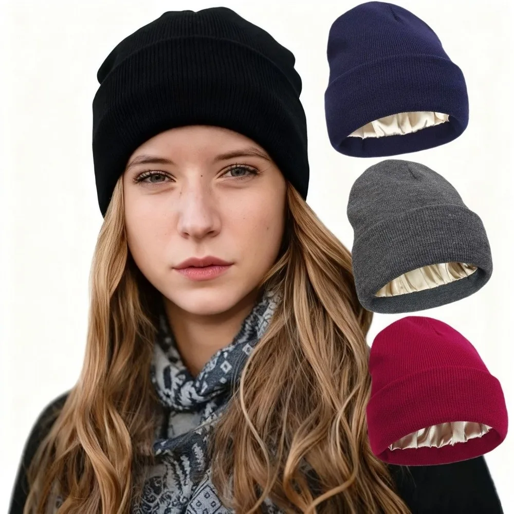 New Satin Satin Lined Beanie Cap Double Layer Anti-Static Slouchy Beanie Knit Construction Hair Cover For Women and Men