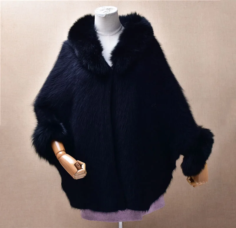 

Ladies Women Autumn Winter Fashion Hairy Mink Cashmere Knitted Black Fox Fur Collar Short Batwing Sleeves Cloak Sweater Mantle
