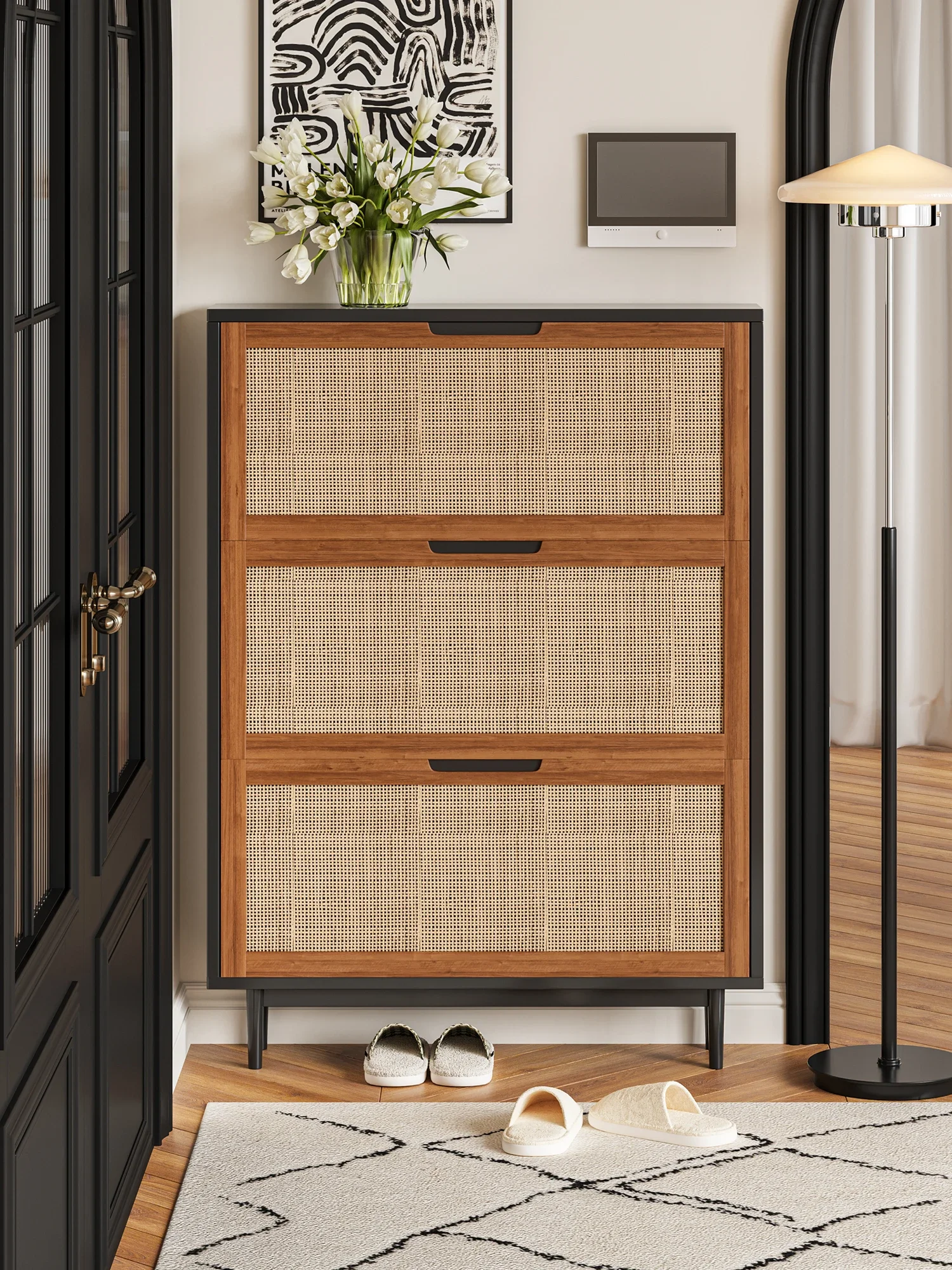 Valley and solid wood rattan shoe cabinet, small household indoor entrance foyer cabinet, retro entry wall storage cabinet