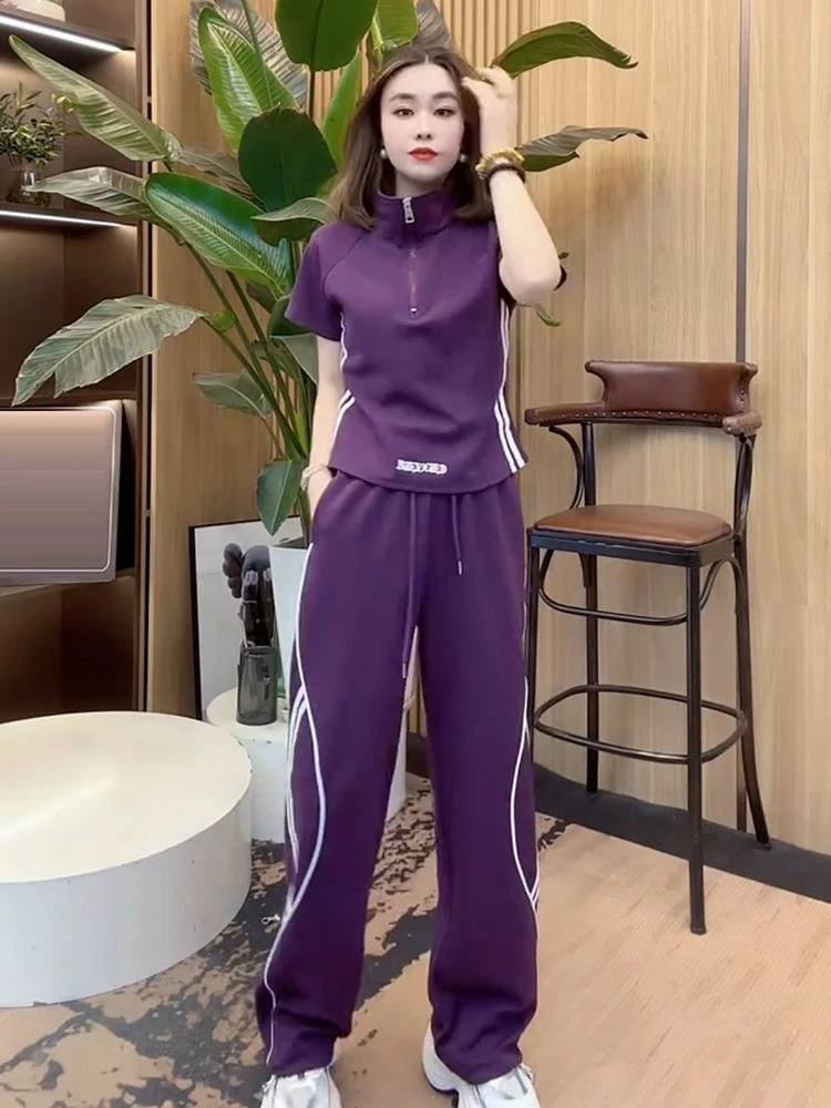 

Leisure sports suit women's summer new Korean style slimming short sleeved top wide leg pants trendy two-piece set