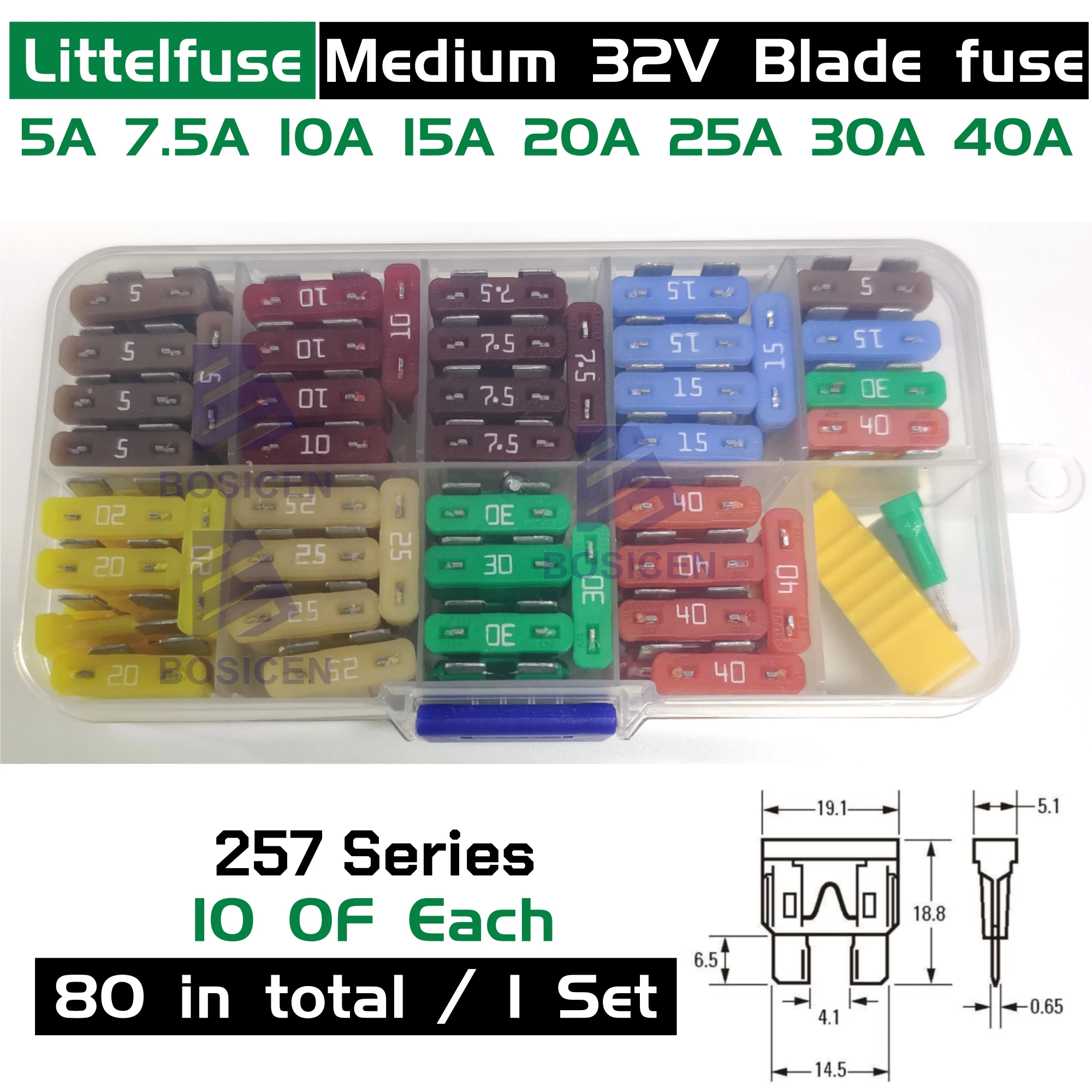 

80PCS/1Set Littelfuse LF 32V (5A 7.5A 10A 15A 20A 25A 30A 40A) 1Kit Medium ATO Blade Fuse For RV/Truck/Motorcycle/Boat/Bus