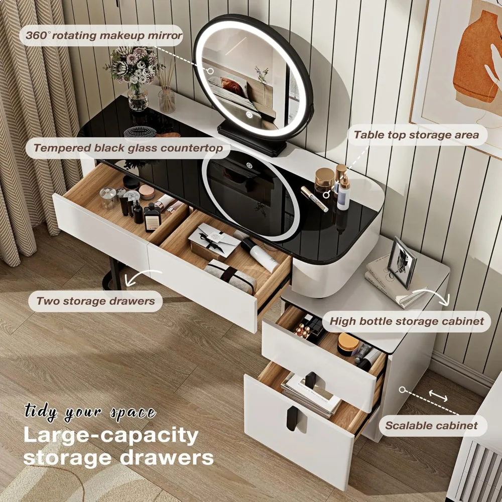 مكتب زينة صغير مع مرآة وأضواء | طاولة مكياج حديثة مع منضدة قابلة للتعديل و4 أدراج تخزين | أسود #3