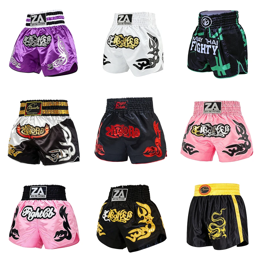 Classic Thai Graphic Muay Thai Shorts Satin Elastic Waist Split Hem Kickboxing MMA Grappling Shorts Gym Combat Training Apparel
