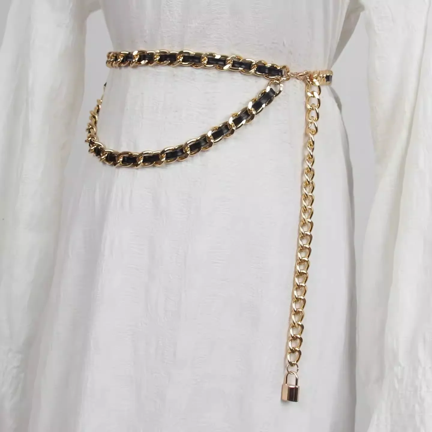 Women's Vintage Black Leather Knitted Gold Metal Chain Corset Female Cummerbund Coat Waistband Dress Decration Narrow Belt J1765