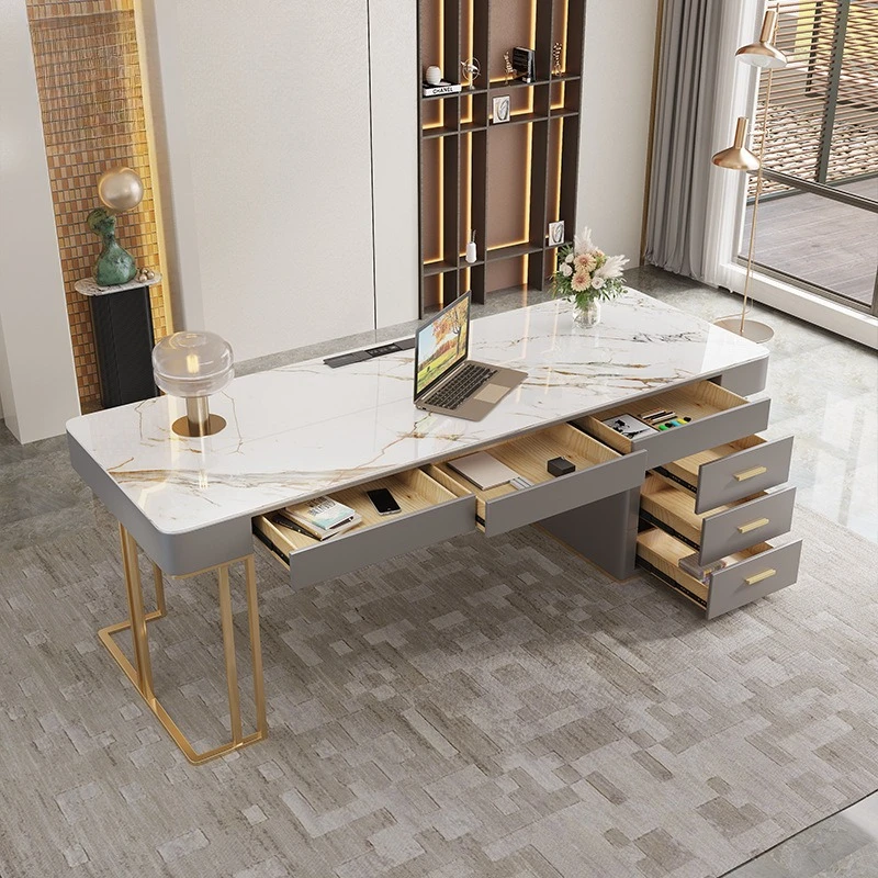 

Italian rock slab desk drawer light luxury simple writing desk combination desk home computer table chair desktop bookcase