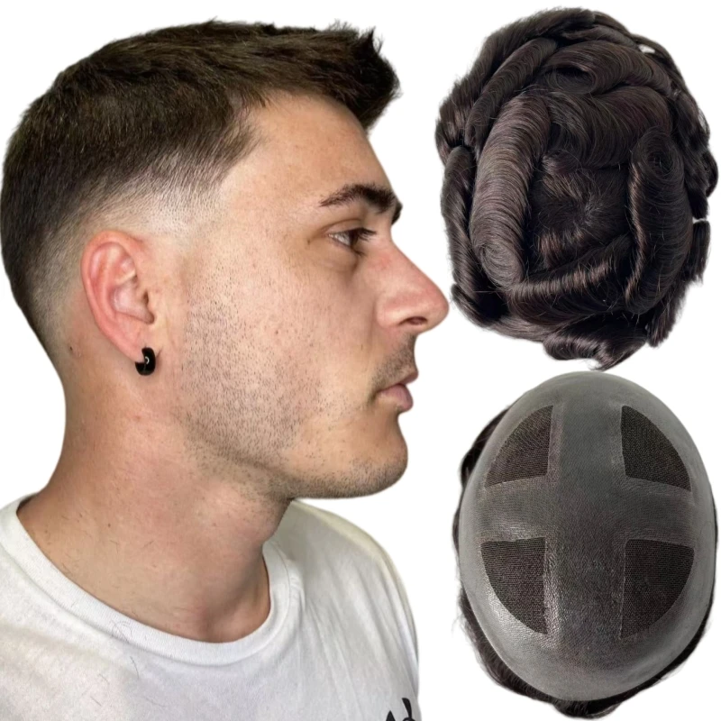 Brazilian Virgin Human Hair Systems #2 Dark Brown Color Q4 Base Toupee 8x10 Lace with Skin Unit for White Men