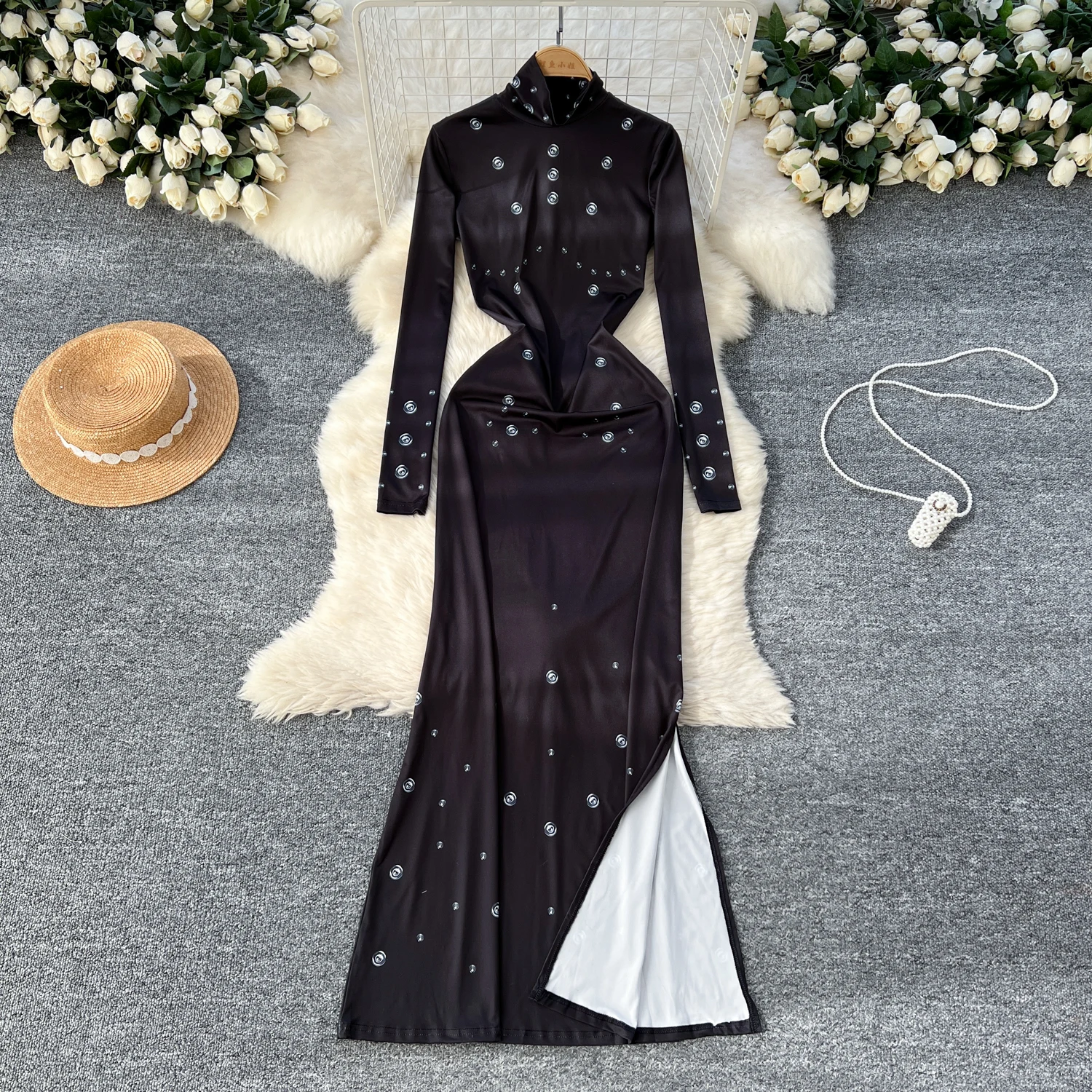 Elegant Print Vintage Turtleneck Long Sleeves Slim Split Pencil Long Dresses Sexy Evening High Street Autumn Winter Clothing