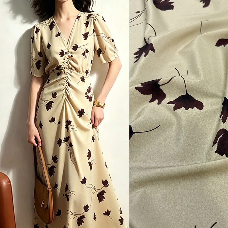 Printed Stretch Beige Silk Crepe de Chine Fabric for DIY Sewing Summer Pants Dress Pajamas Soft Comfortable Silk Fabric FR7010