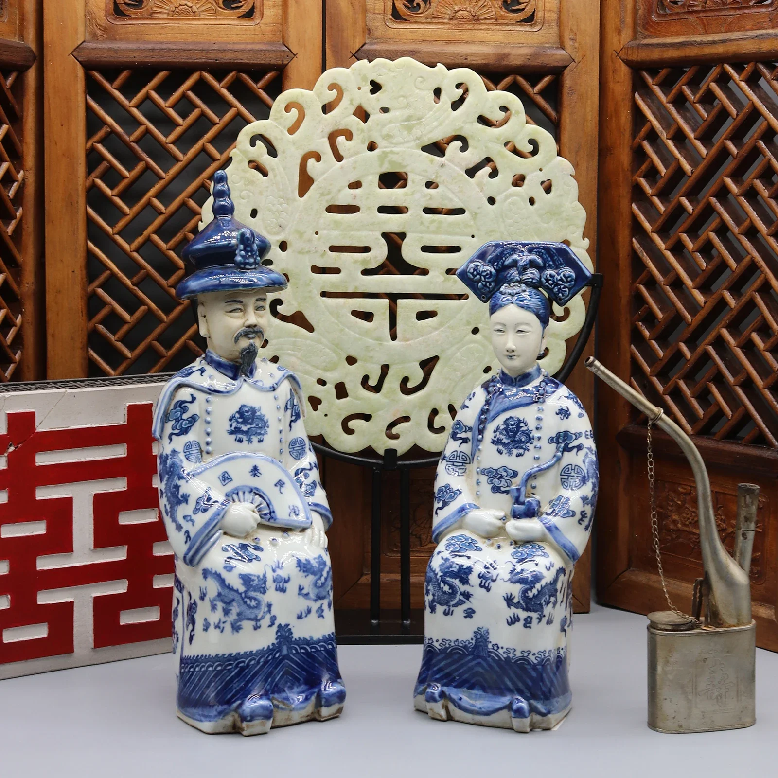 Ceramic Statues of Chinese Emperor and Empress in Qing Dynasty, Wedding Gift, Home Decoration