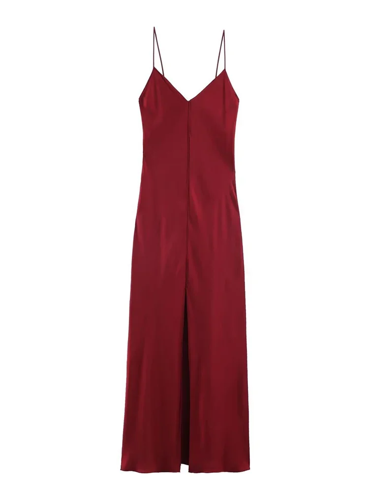 

Summer Elegant Satin Long Dress For Women V-Neck Backless Solid Spaghetti High Waist Party Dress Female Maxi Dress New