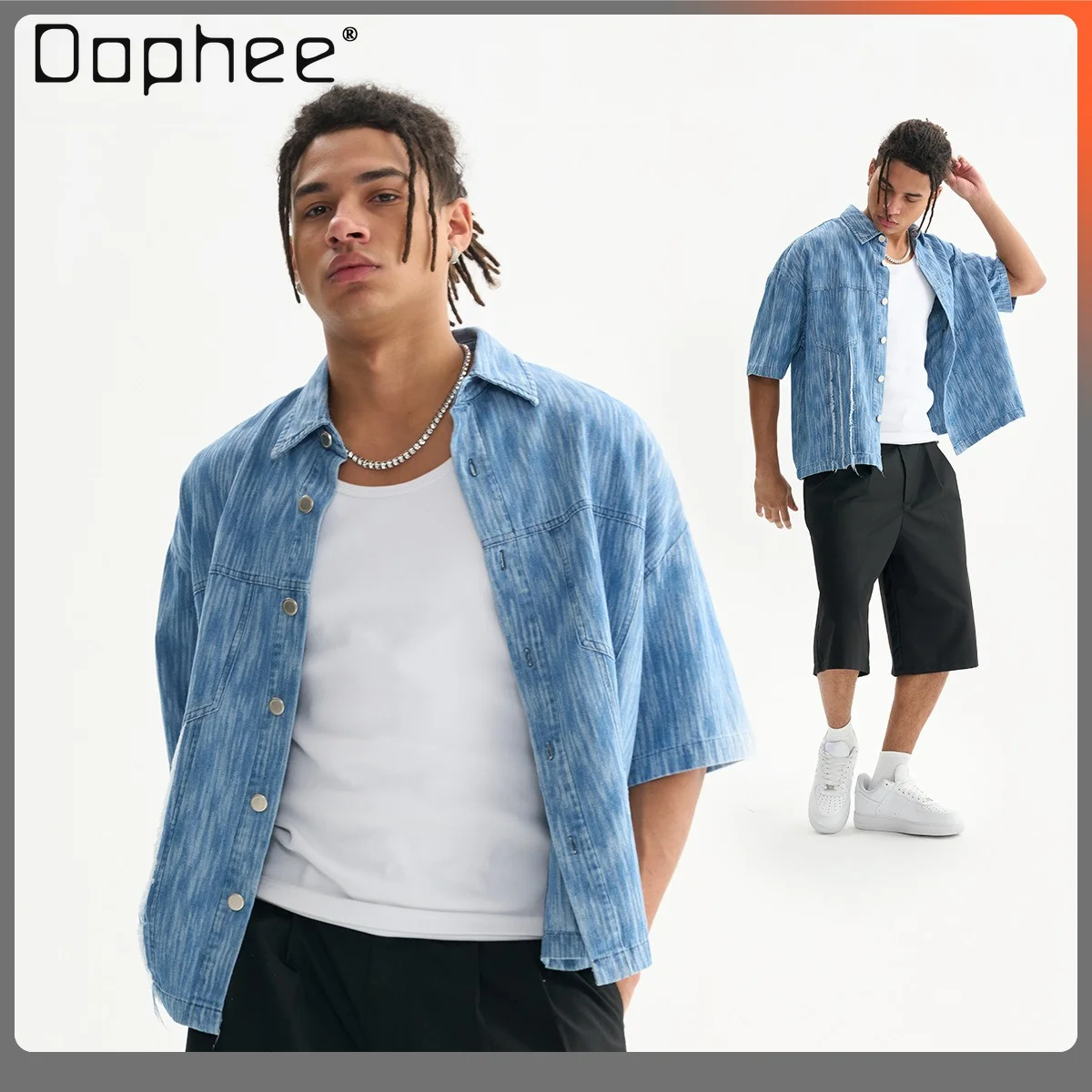

Men American Retro Style Blue Short Sleeve Shirt Broken Seam Splicing Design Loose Fit Streetwear Casual Summer Blouse Tops