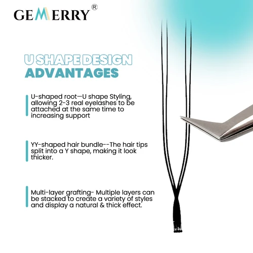 Imagen 2 del producto GEMERRY forma de U YY pestañas de extensión de doble punta C/D Curl 8-14mm mezcla prefabricada volumen ventilador pestañas naturales suaves y tenues pestañas postizas