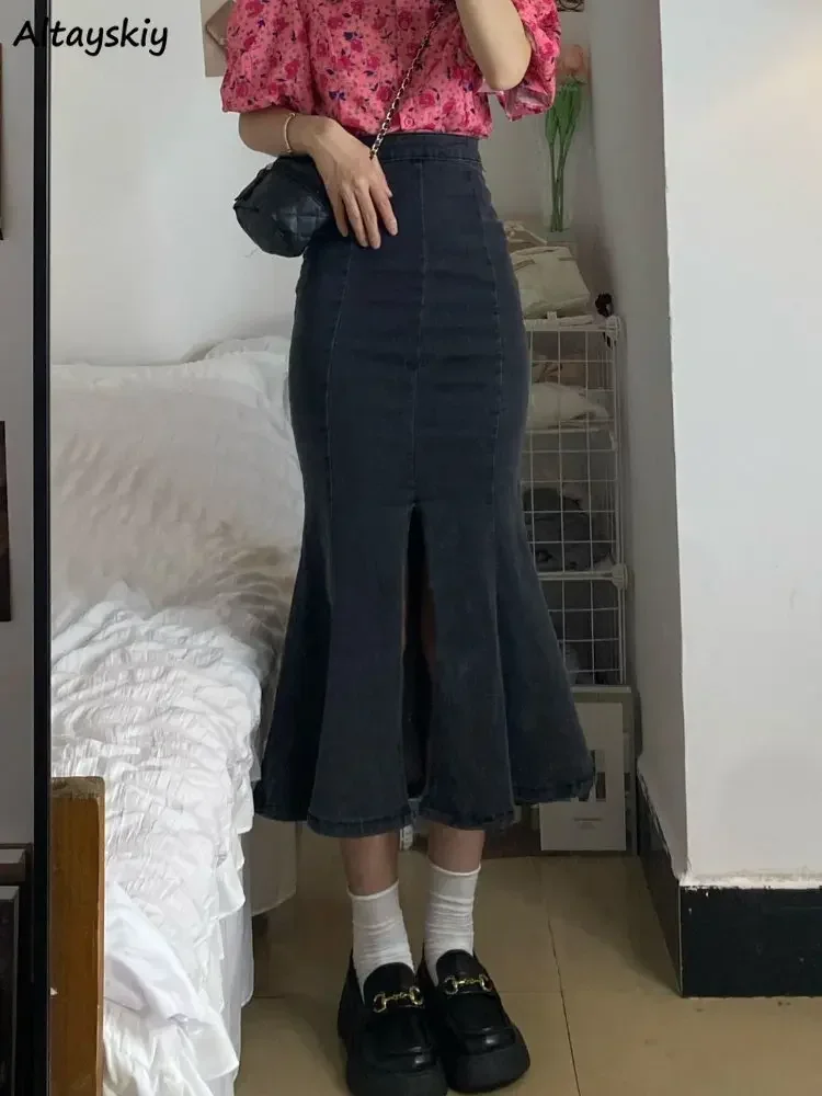 

Юбки-трубы женские с разрезом винтажные джинсовые однотонные оборки миди Hotsweet повседневные весенние Ulzzang нежные студенческие универсальные с высокой талией