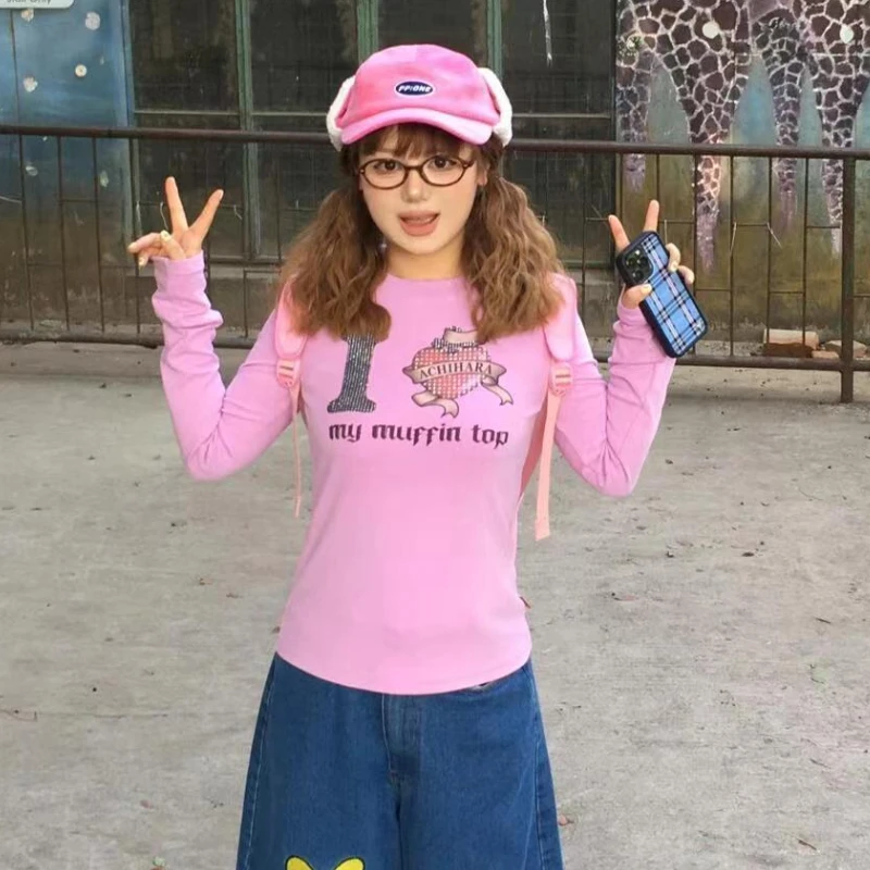 Japanese Y2k Pink T-shirt Vintage Harajuku Diamond Love Print T Shirts Long Sleeve Trashy 2000s Aesthetics Cutecore Tops