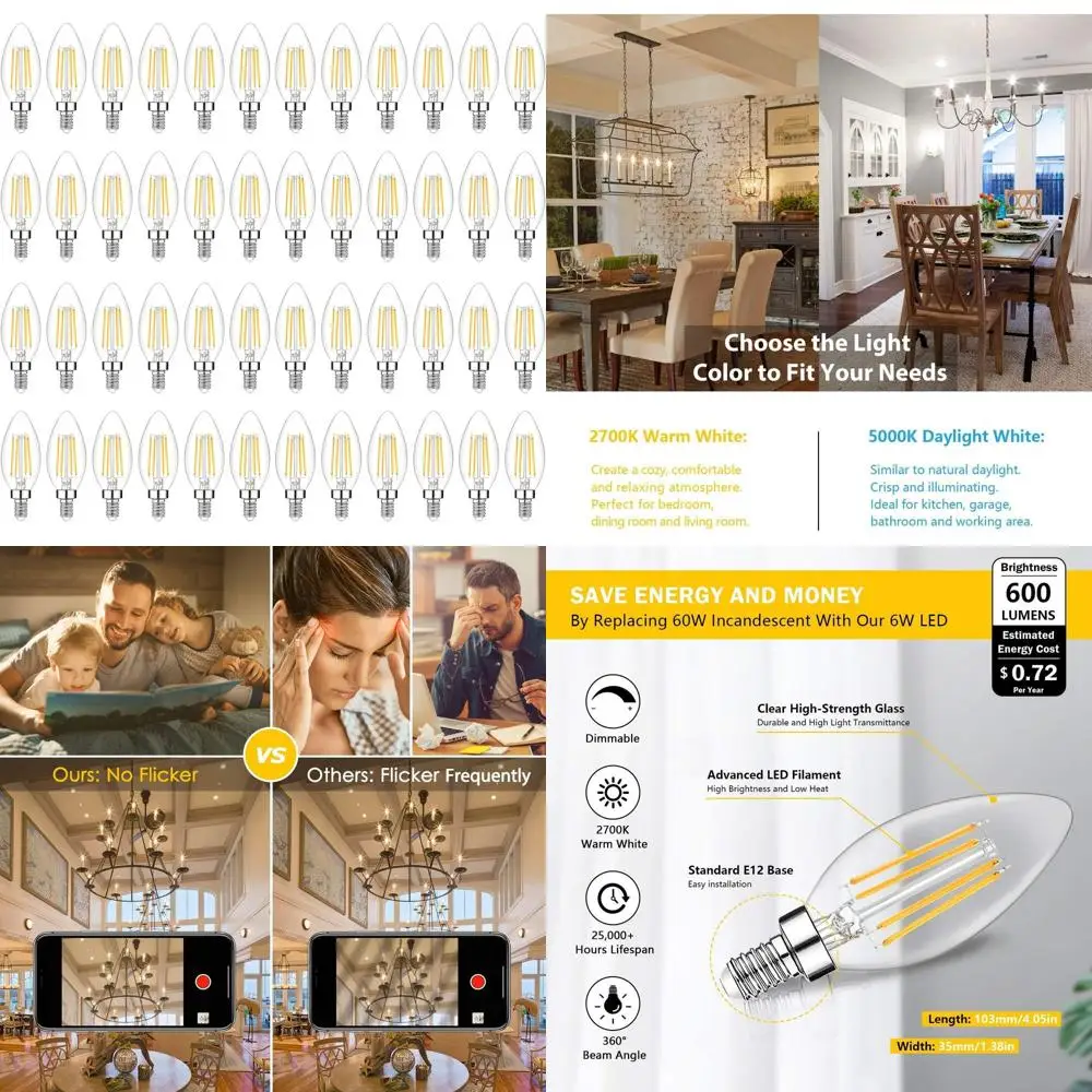 

60W Equivalent 6W Dimmable E12 LED Candelabra Bulbs, 2700K Warm White, 600 Lumens, B11 Base, Clear Glass for Chandeliers and Cei