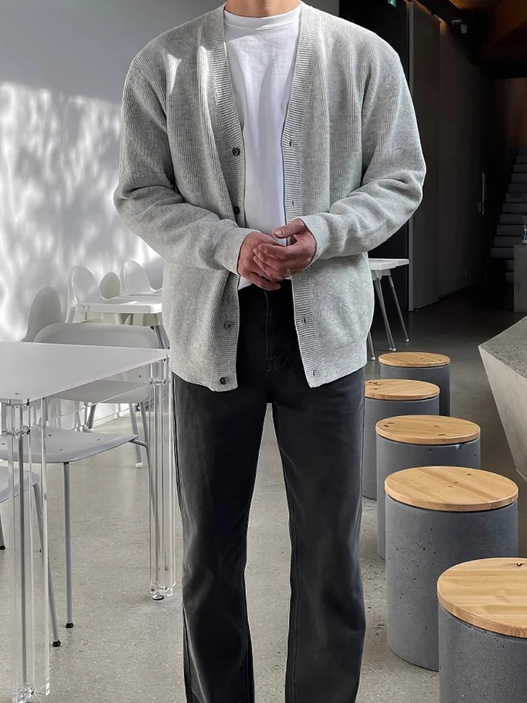 Fall Ribbed Texture Knit Cardigan Mens Fashionable Solid Color V Neck Long Sleeve Shirt Tops Men Casual Buttoned Knitted Coats